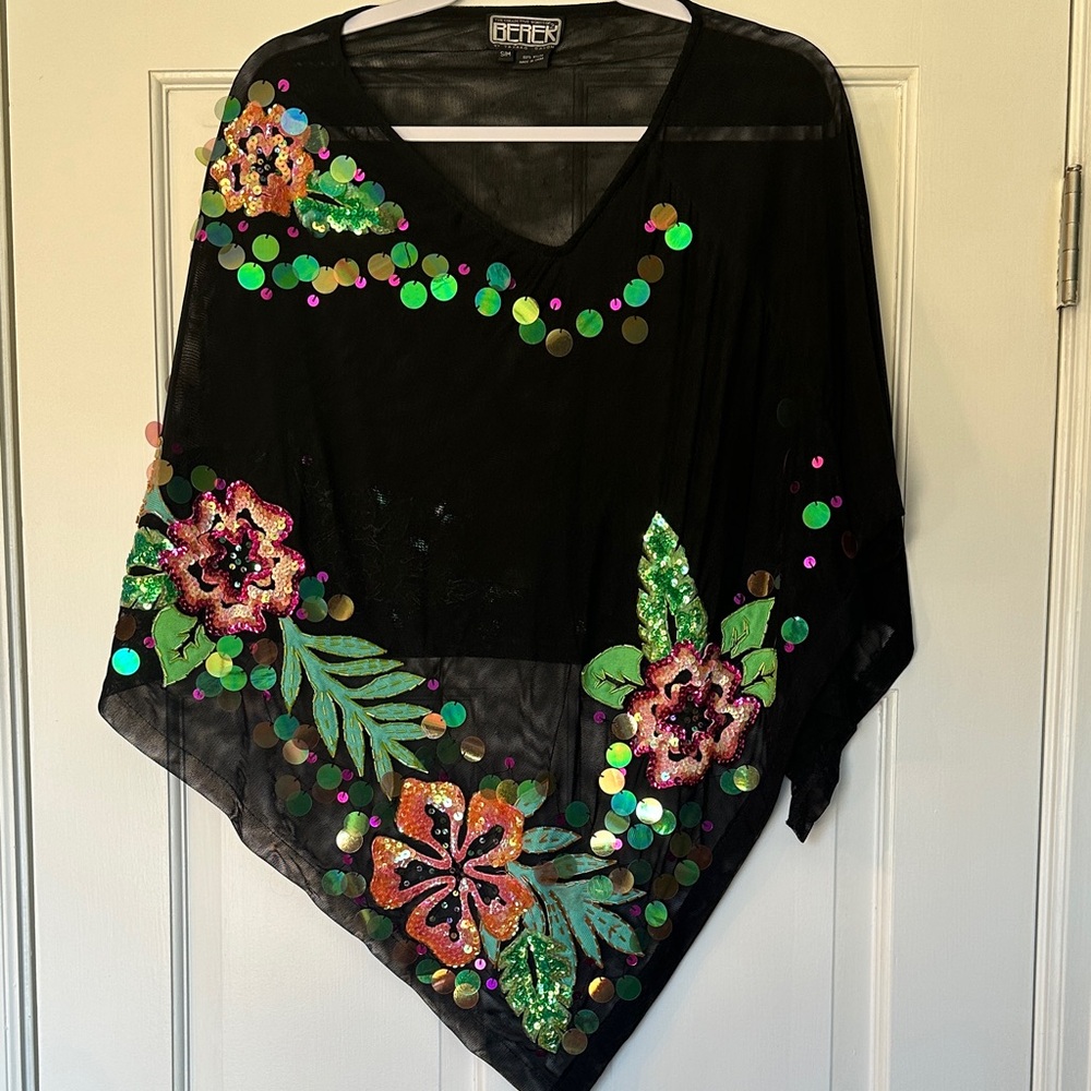 Berek Black Sheer Poncho with Sequin Floral Accents - Picture 2 of 11